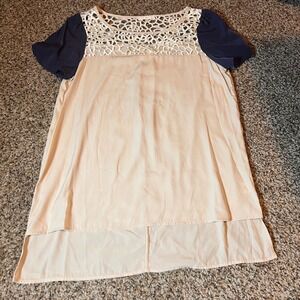 Glam Crochet Top High Low Tunic Blouse Short Sleeve Casual Beige Blue M‎